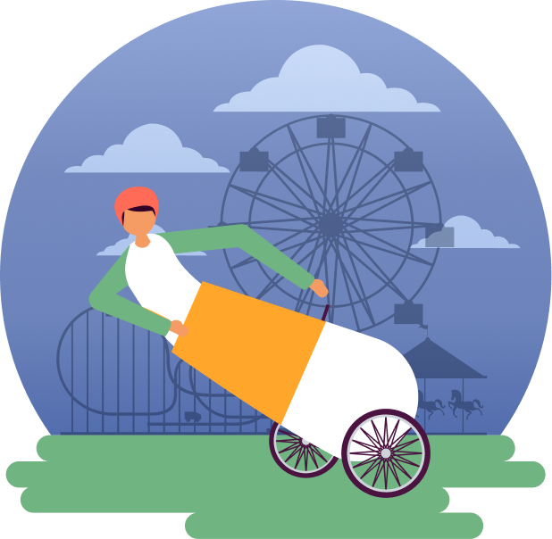 Graphic of person prepping to be shot out of a cannon in front of an amusement park.