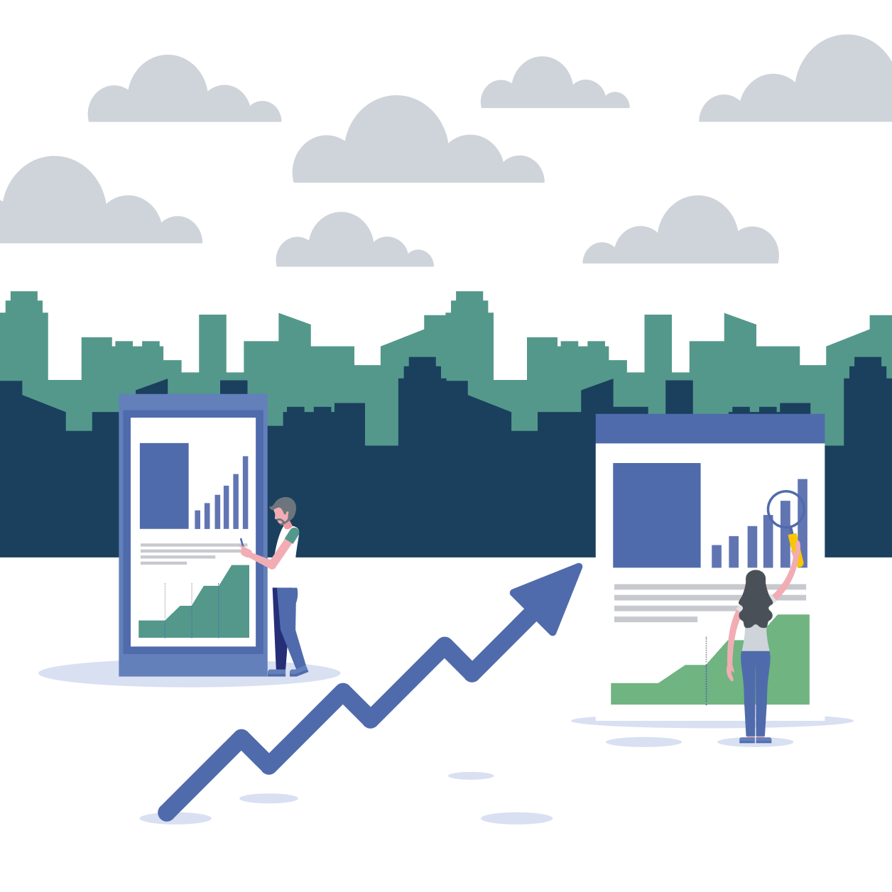 Graphic of people planning a development on open land in front of a city.