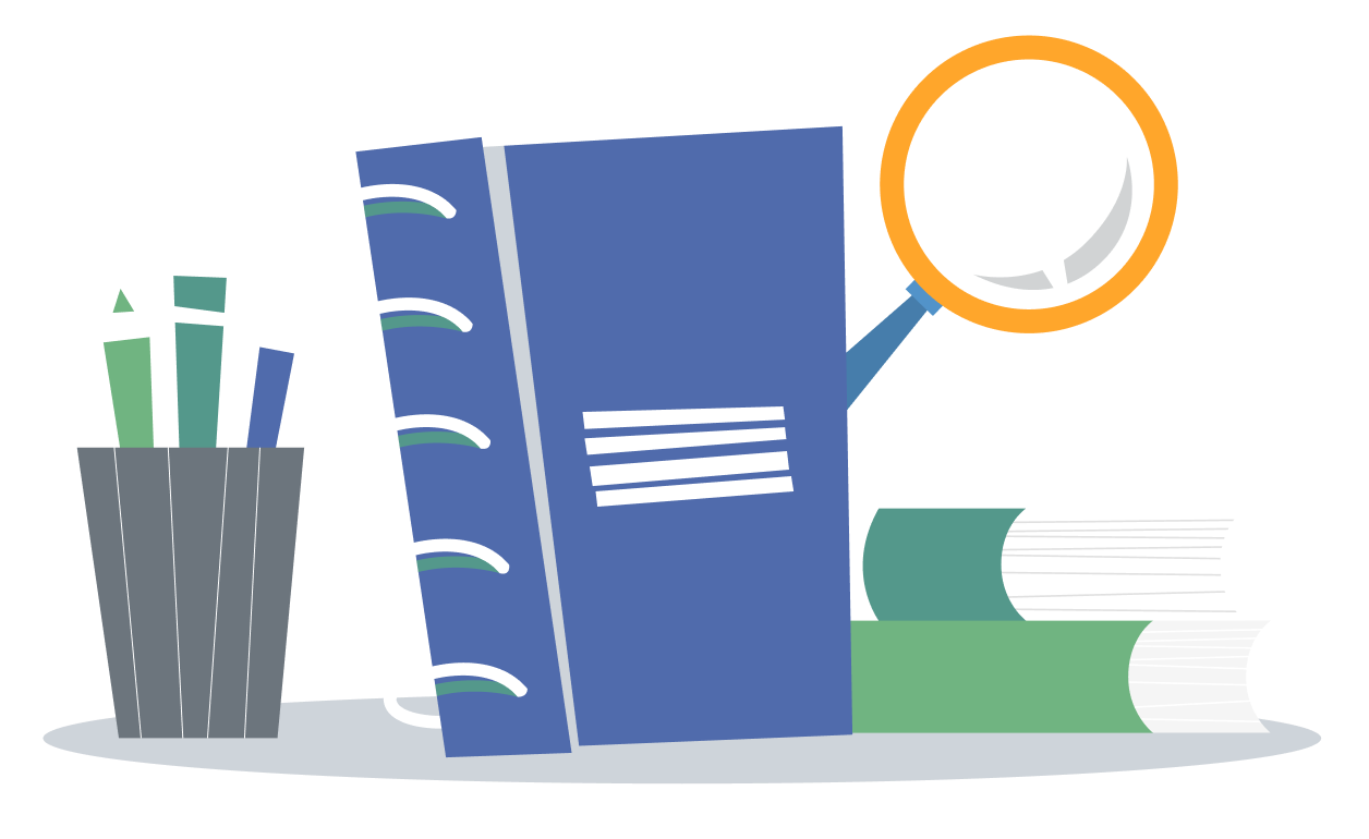 Graphic of books and operating manuals.