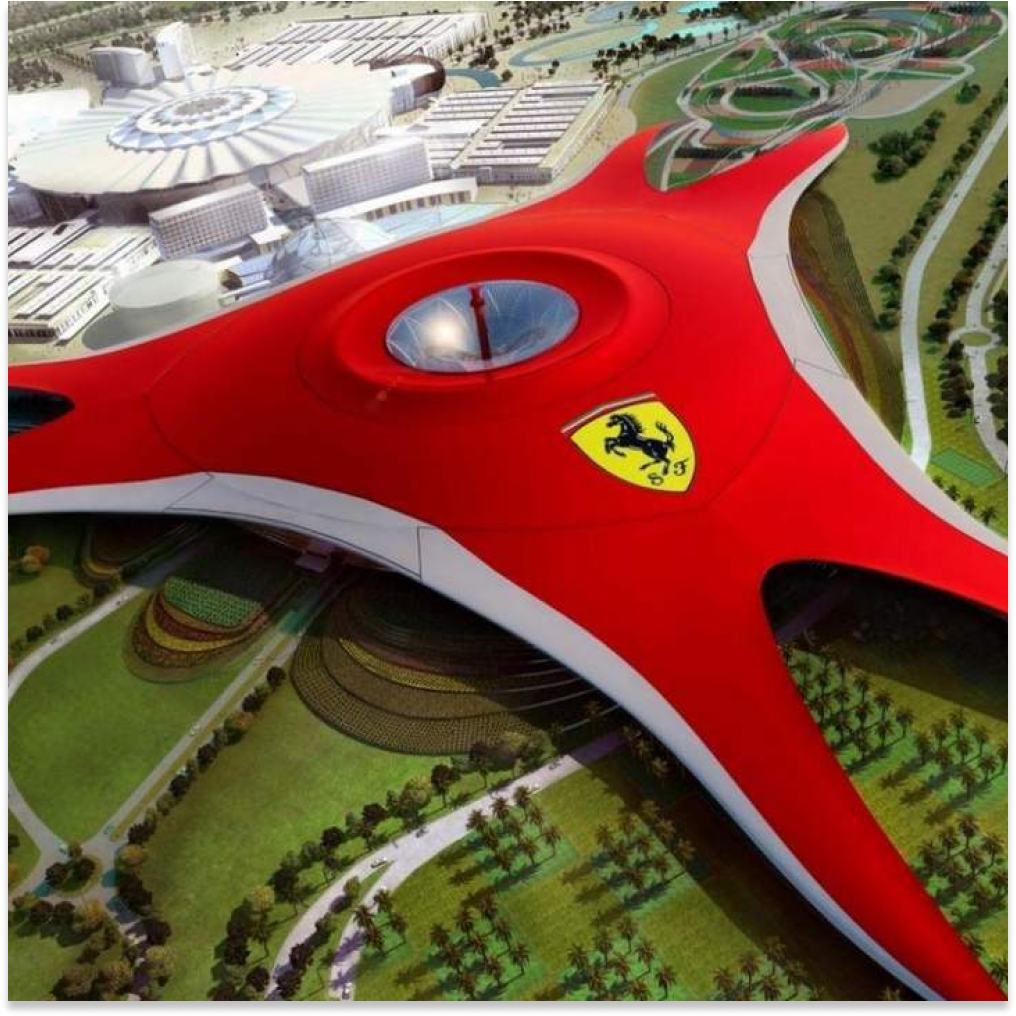 Aerial view of Ferrari World theme park in Abu Dhabi, UAE.