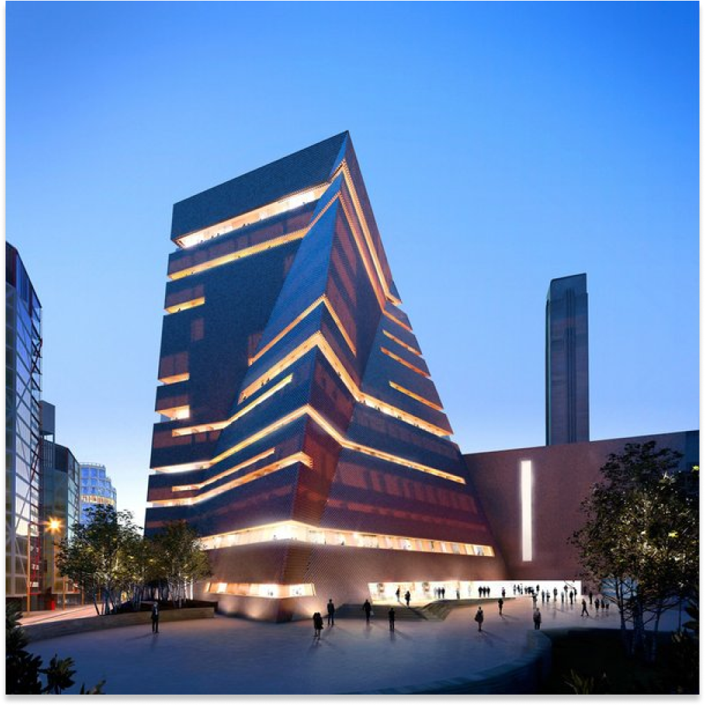 Front facing picture at night of the Tate Modern museum in London, United Kingdom.