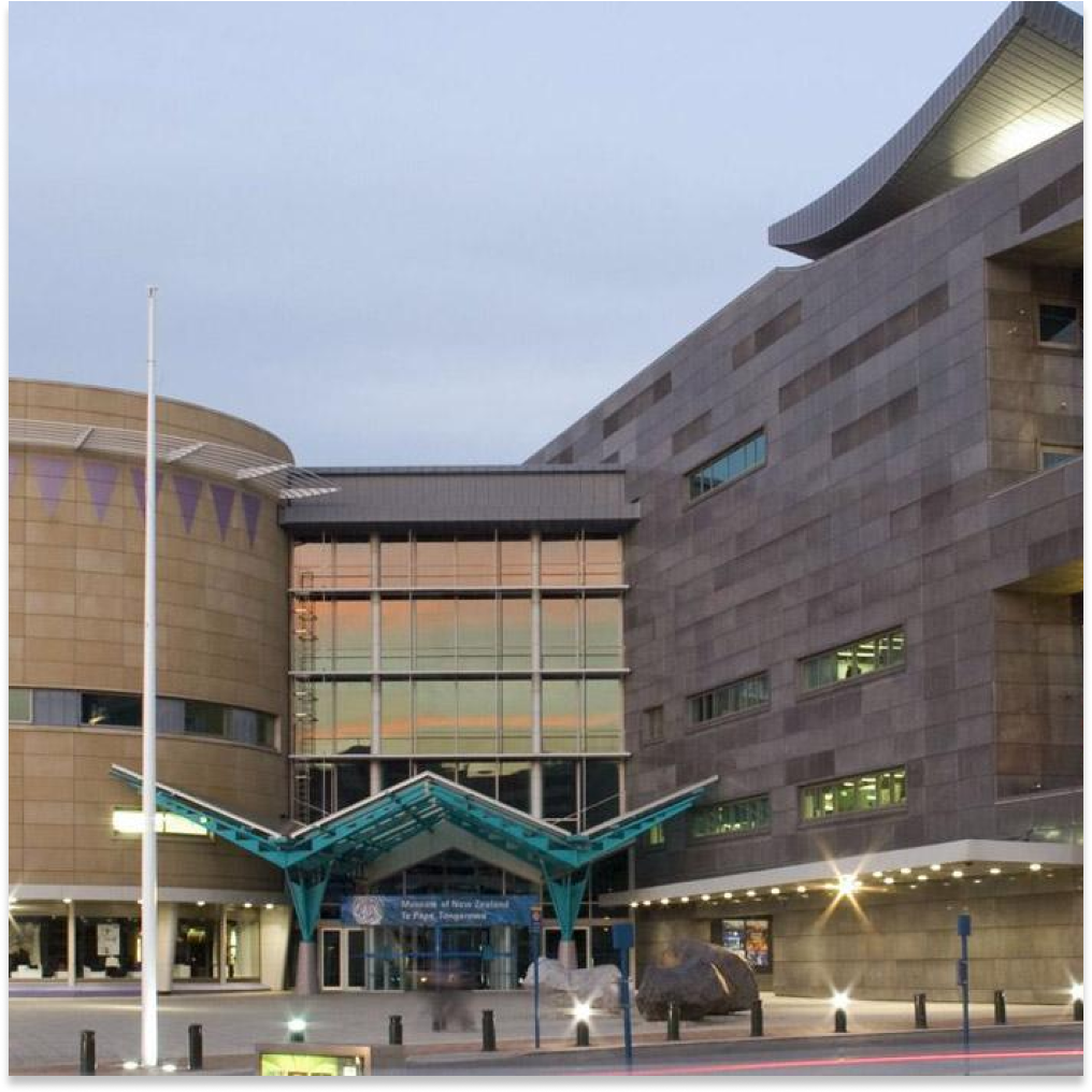 Front facing view of the Te Papa museum in Wellington, South Africa.