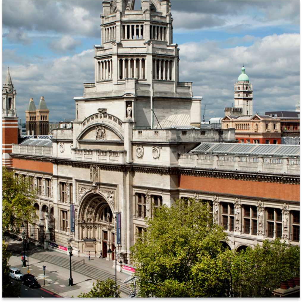 Front facing picture of the Victoria & Albert Museum in London, United Kingdom.