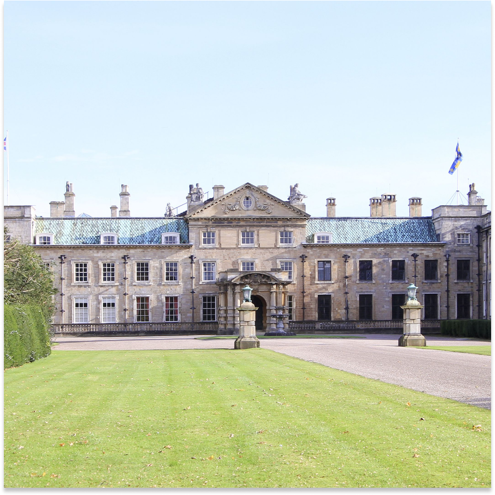 Front facing view of Welbeck Abbey in the United Kingdom.